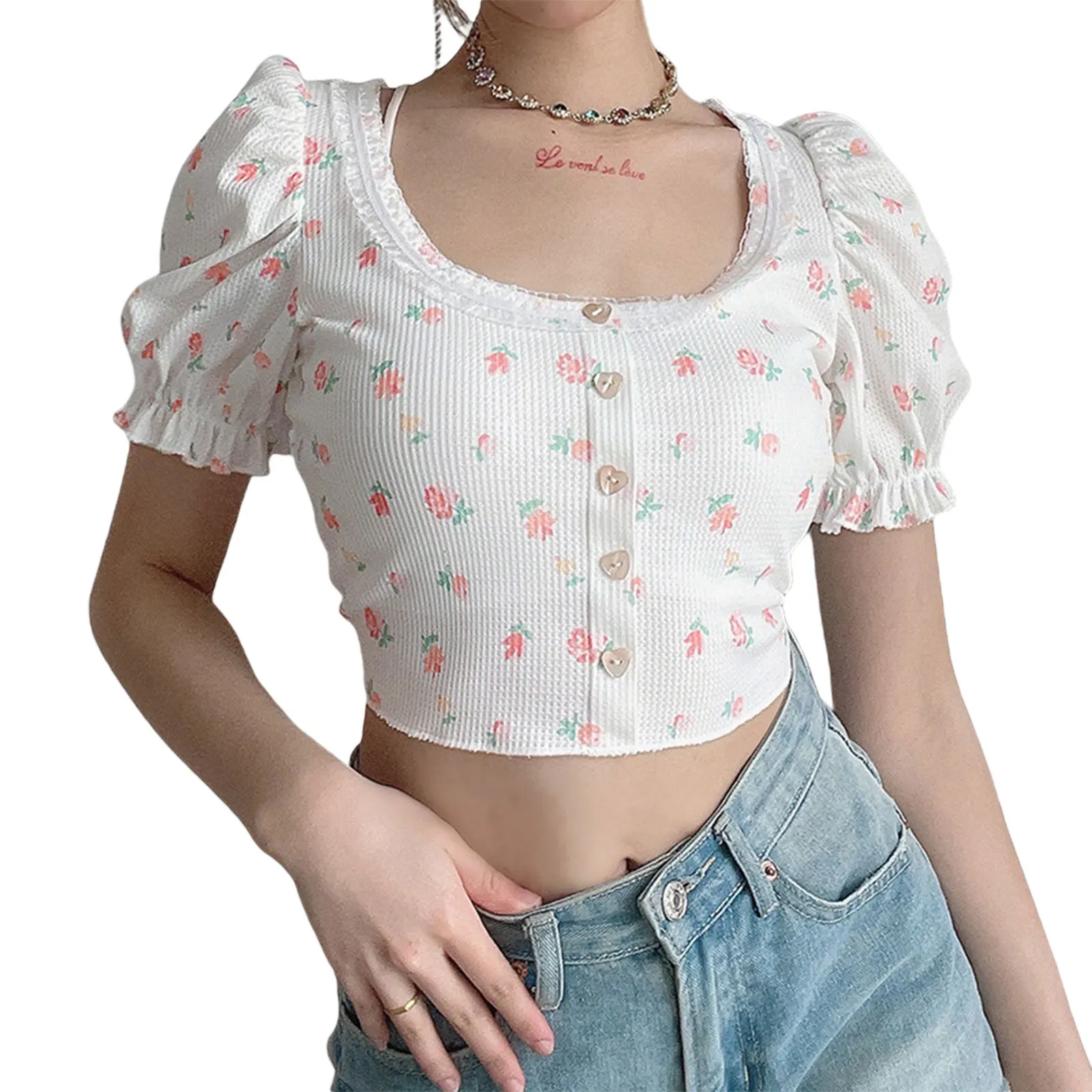 

Women Summer Crop Top, Adults Sexy Floral Puff Short Sleeve U-shaped Neck Button Pullover