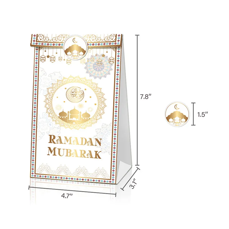 

12pcs Ramadan Decoration Gift Bags Eid Mubarak Kraft Paper Cookies Candy Bag For Islam Muslim Festival Party Supplies Home Decor