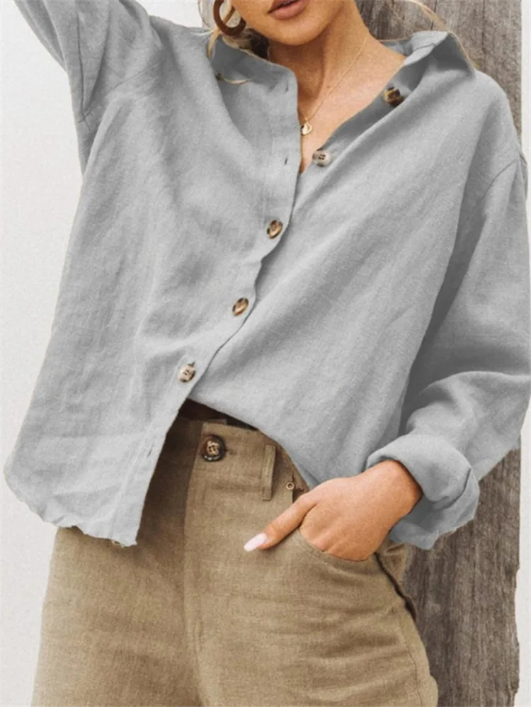 

Women Blouse Cotton Vintage Fashion Lapel Long-sleeved Single-breasted Cotton and Linen Solid Color Multicolor Shirt for Women