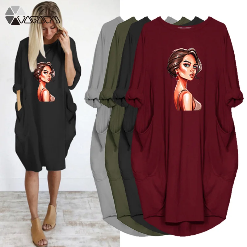 

Plus Size Midi Dresses Women Loose Print Long Sleeve Pocket o Neck Casual Elegant Femme Robe Party Vintage Vestidos Streetwear