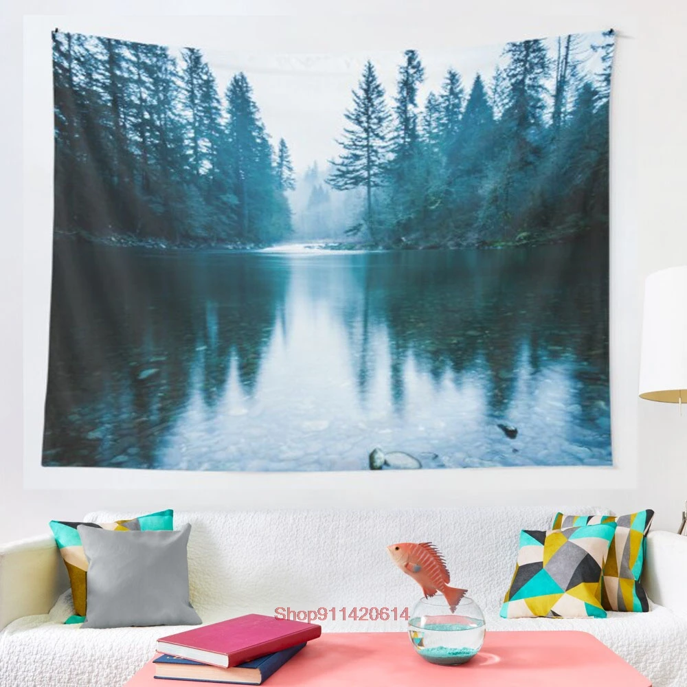 

Forest Mountain Fog Blue Lake Reflection tapestry Hanging Tapestry Hippie Wall Hanging Blanket Wall Carpet Yoga Mat Home Decor