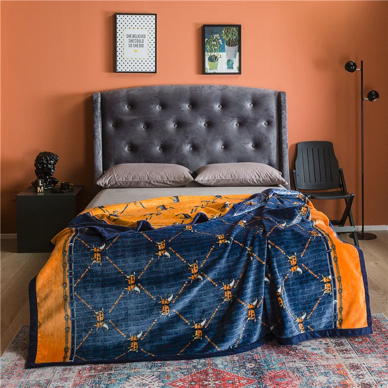 Manta estampada de franela de lujo, manta gruesa y pesada de dise&ntilde;ador famoso, suave y c&aacute;lida, para invierno, de alta calidad para camas-4