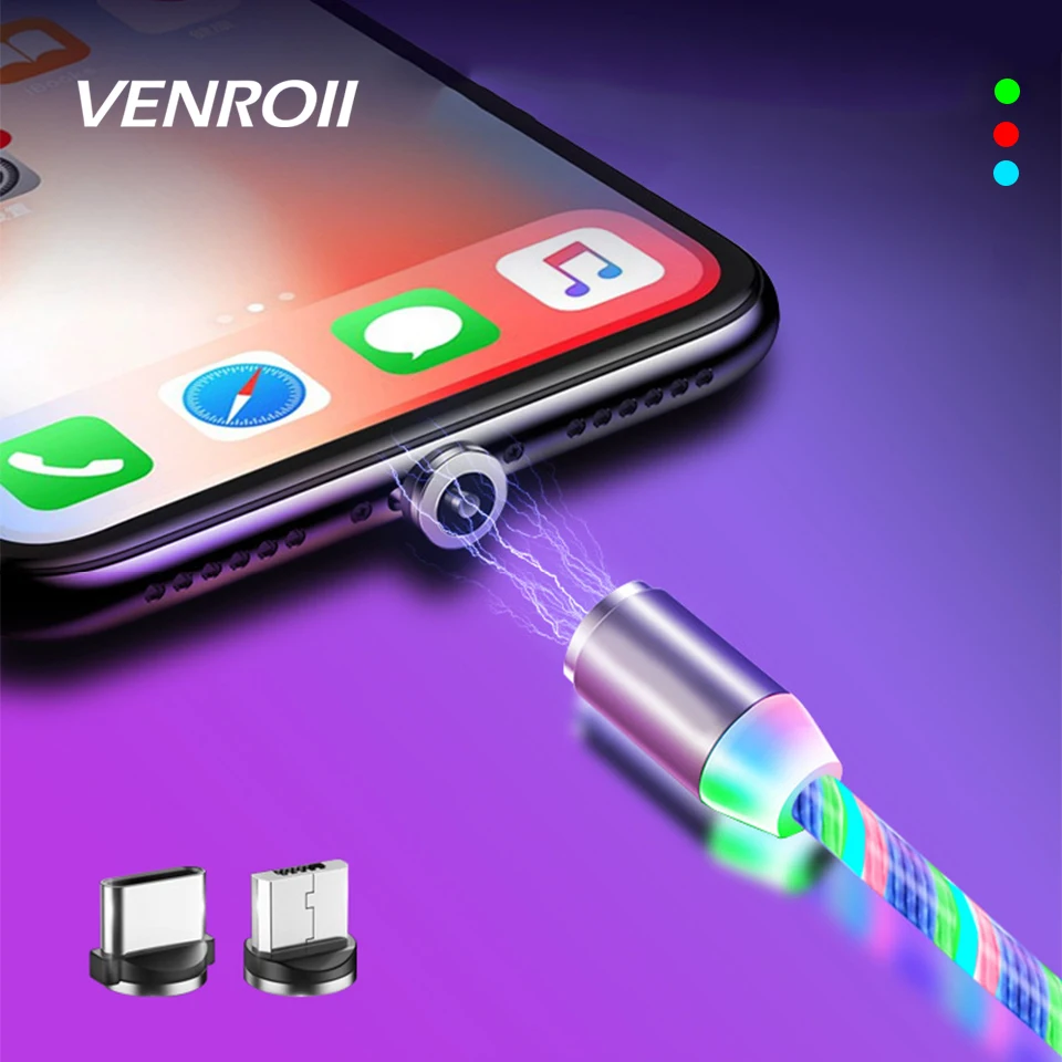 1 м Магнитный кабель usb type C шнур светящийся провод для передачи данных Samaung huawei Xiaomi