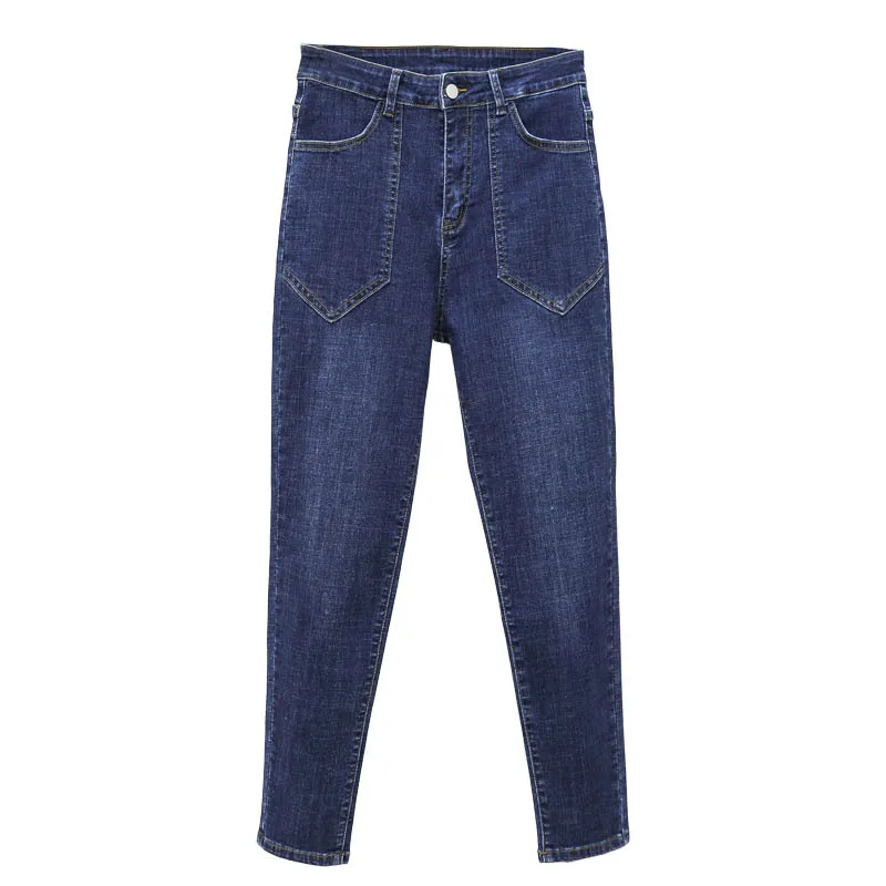 

Women Spring Fall Fashion Elastic Waist Big Pocket Stitching Denim Trouser Office Lady Simple Elegant Loose Casual Harem Jeans