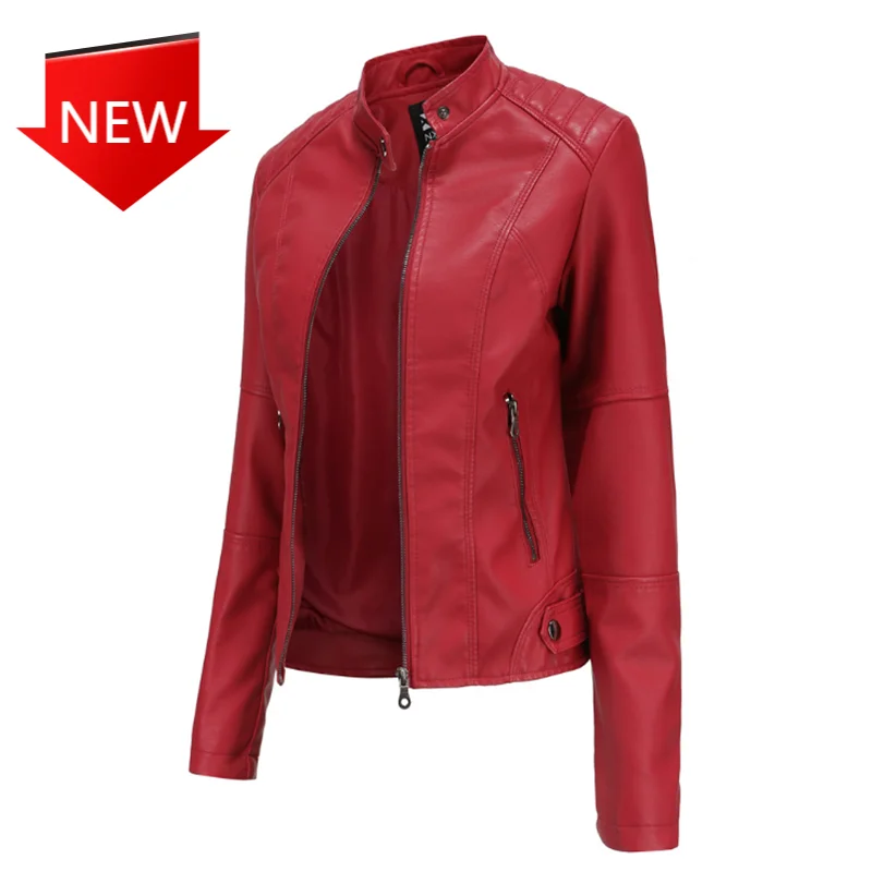 

Приталенная куртка из искусственной кожи, Женская мотоциклетная Одежда большого размера, кожаная куртка с воротником-стойкой, новинка весн...