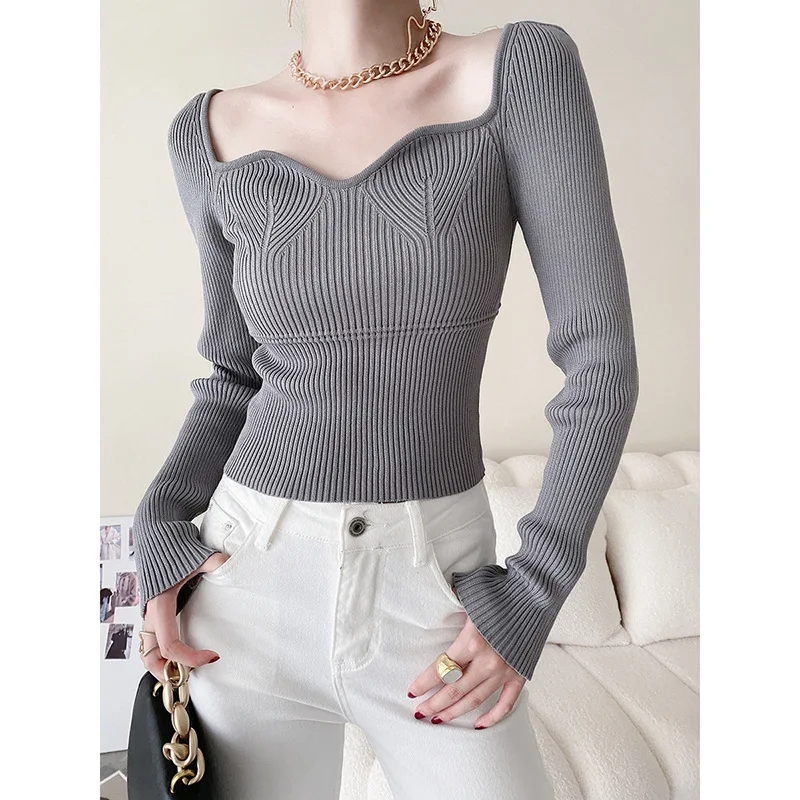 

Wave square neck sweater women's autumn new elastic slim long sleeve bottoming shirt tops woman tshirts