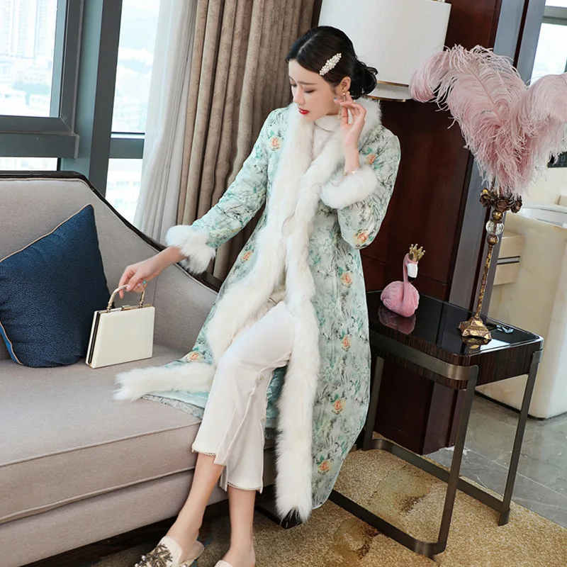 

Top Quality Women's Parka 2020 Winter Warm Outerwear Women Vintage Print Rabbit Hair Patchwork Covered Button Long Parka Coats