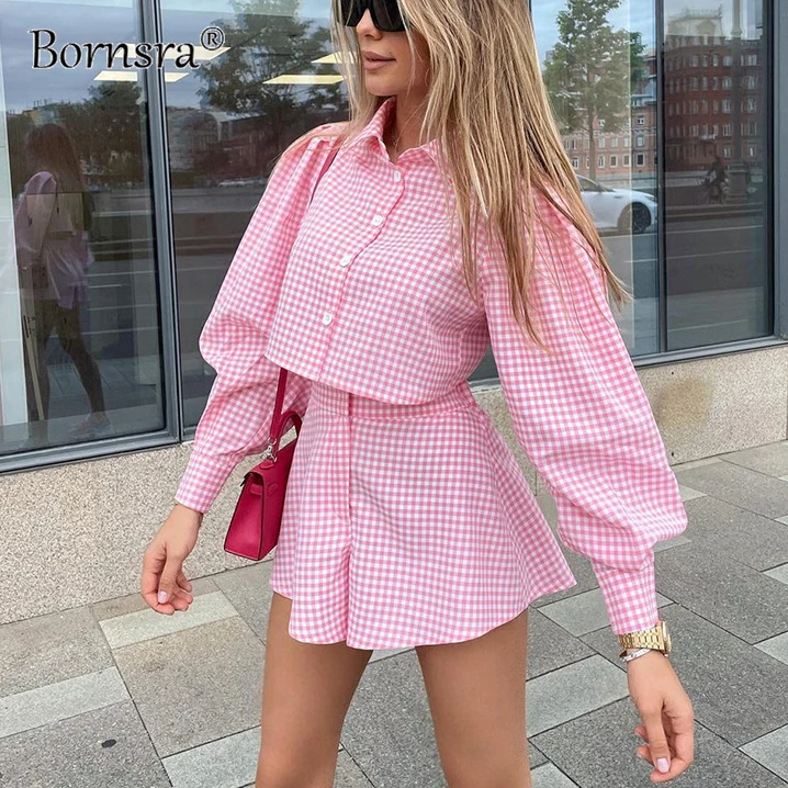 

Bornsra 2021 Women's Spring Autumn Fashion Striped Shirt Waist Shorts Street Casual Plaid Suit Single Breasted Regular Set