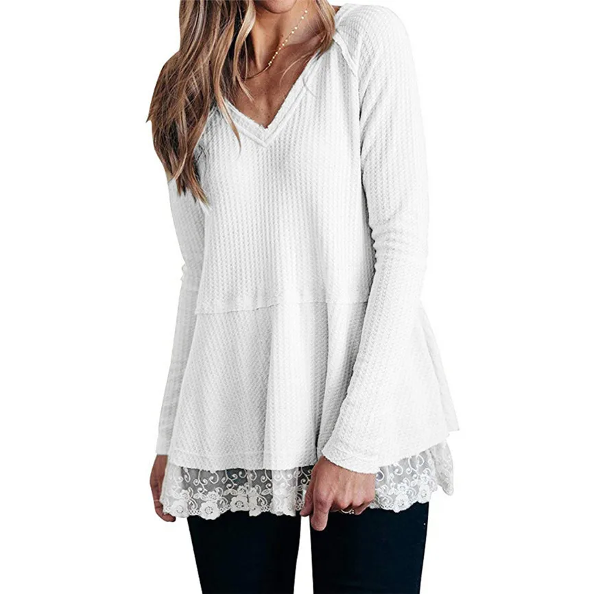 Slim Sweater Female Tops Womens Casual Long Sleeve Knot Waffle Knit Tunic Lace Blouse Cute Shirts Fashion Knitted Soft |