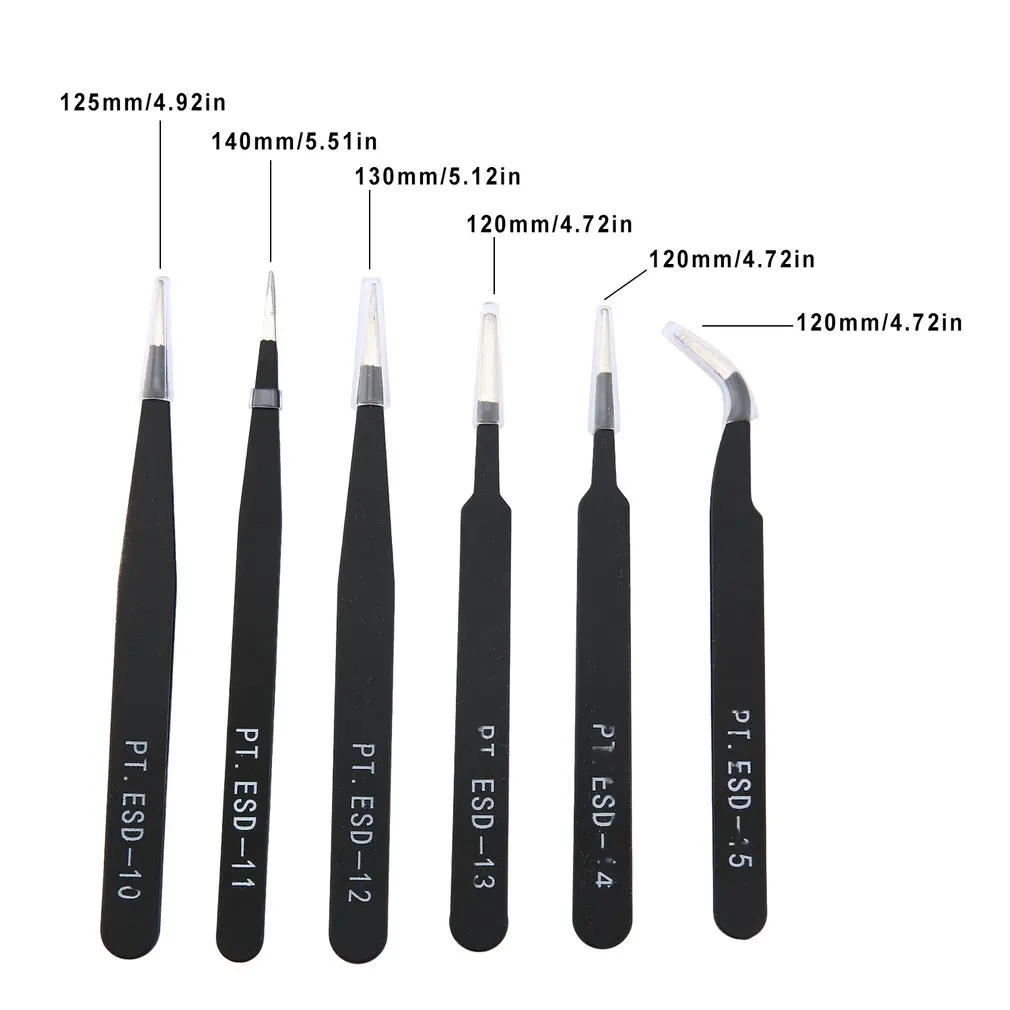 

6pcs/set Portable Size Resists Corrosion Anti-static Tweezers For Repairing Electronic Maintenance Tools Black
