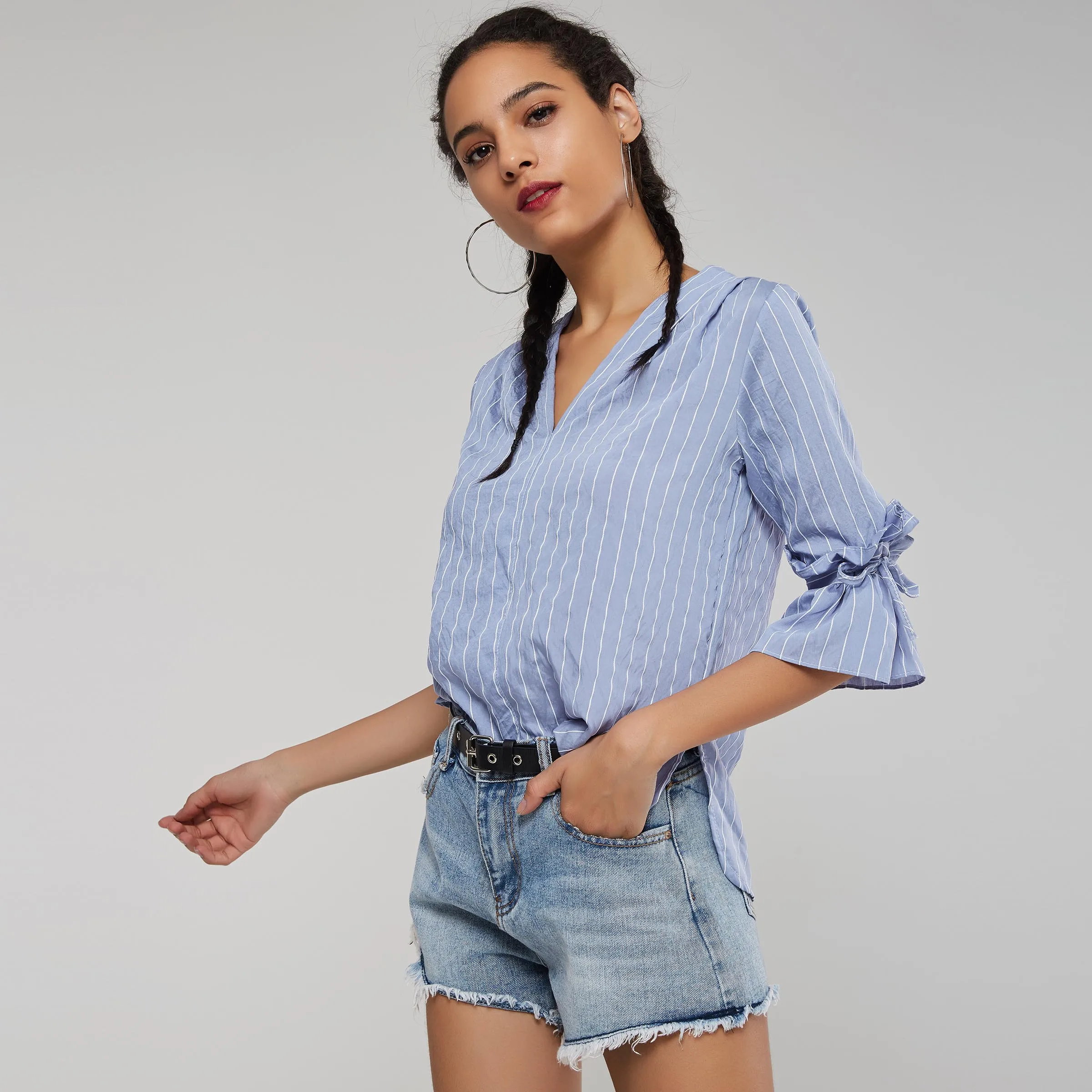 Блузка женская в полоску с расклешенными рукавами офисный Повседневный