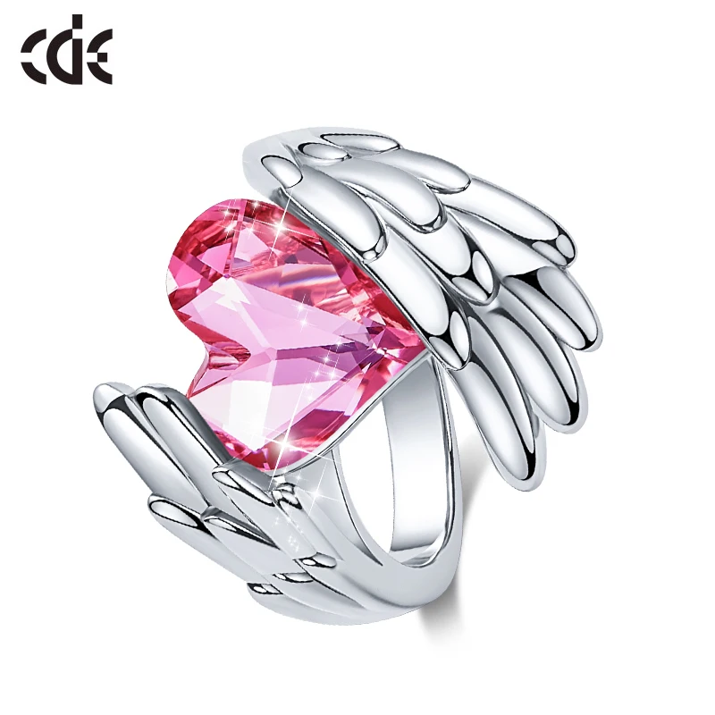 CDE Женские любящее сердце кольца с розовыми кристаллами модные ангельские крылья