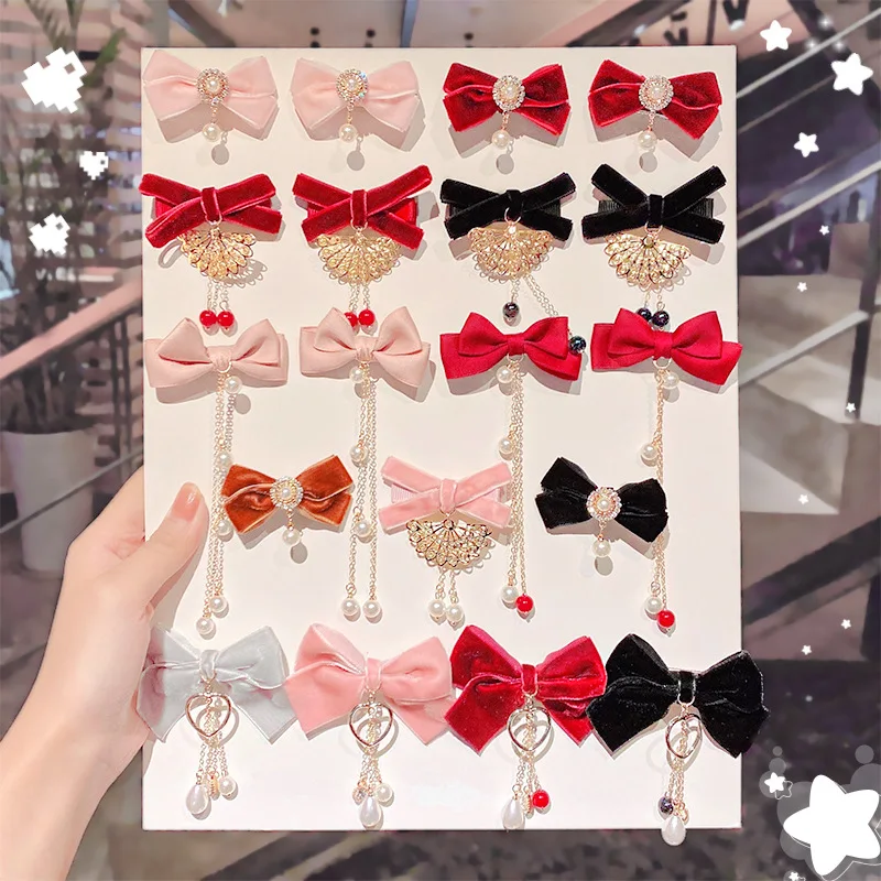 

Korean Velvet Bow Hairpins Children Fabric Tassel Pearl Hair Clips Handmade Fashion Jewelry Headpiece Hair Accessories for Girls