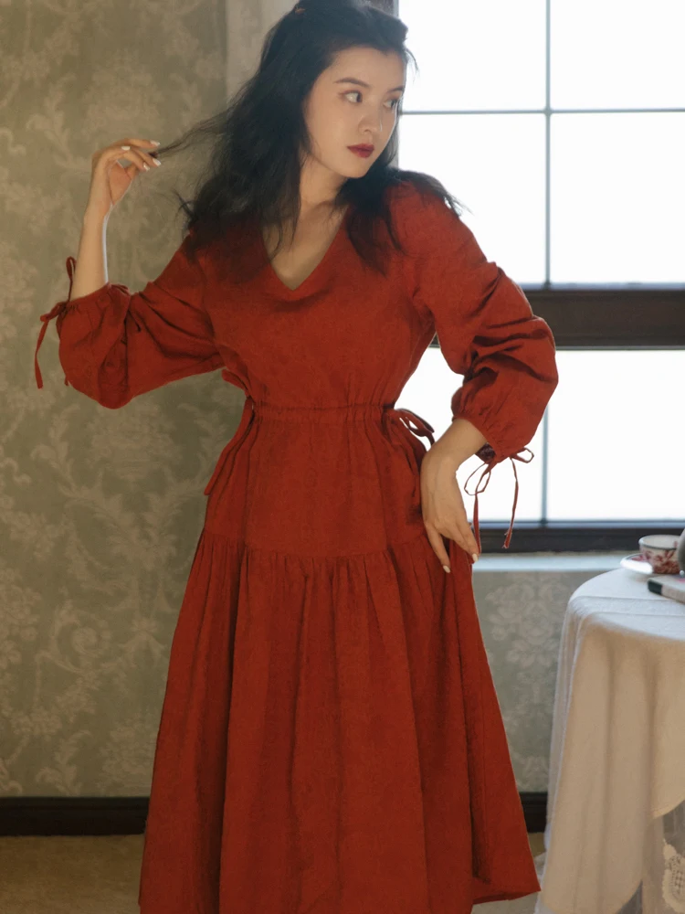 

2021 new fashion women's clothing V-Neck Spring/Autumn Mid-Calf vintage dresses for women woman dress