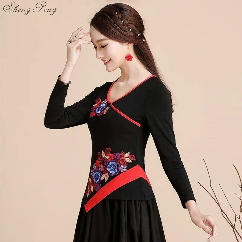 Одежда в китайском стиле женская черная винтажная фольклорная рубашка с