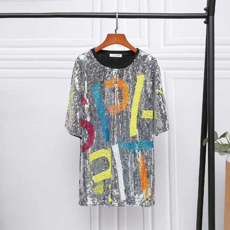 

New Summer Women's Black Oversize T-shirts Tops Letter Sequined Embroidery Loose Long T-Shirt Short Sleeve Tees 6 Colors TShirt