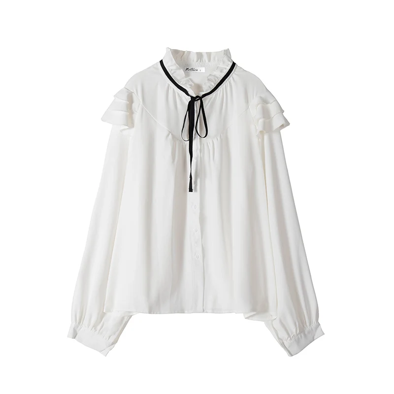 Белая шифоновая блузка ITOOLIN с воланом на шнурке и бантом модная рубашка V образным