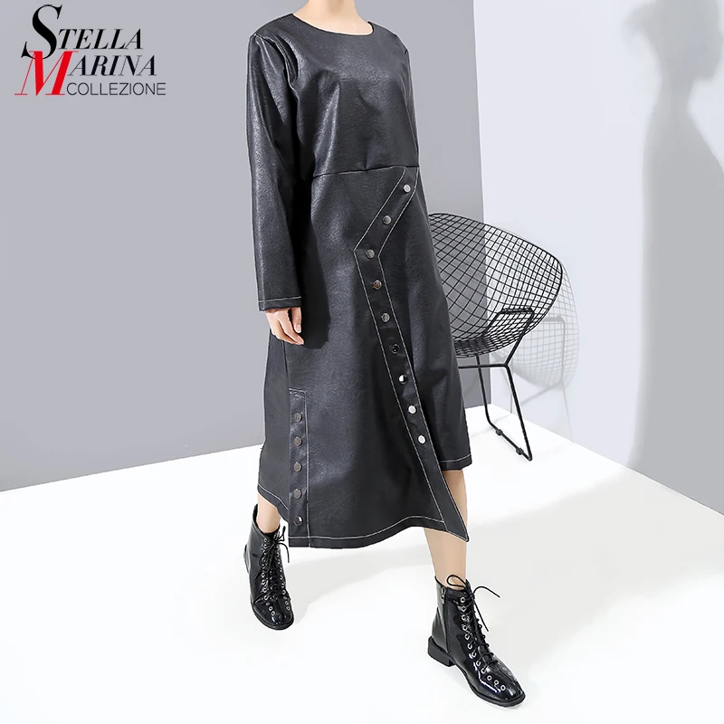 Новинка женское платье с длинным рукавом 2019 модное черное искусственная кожа