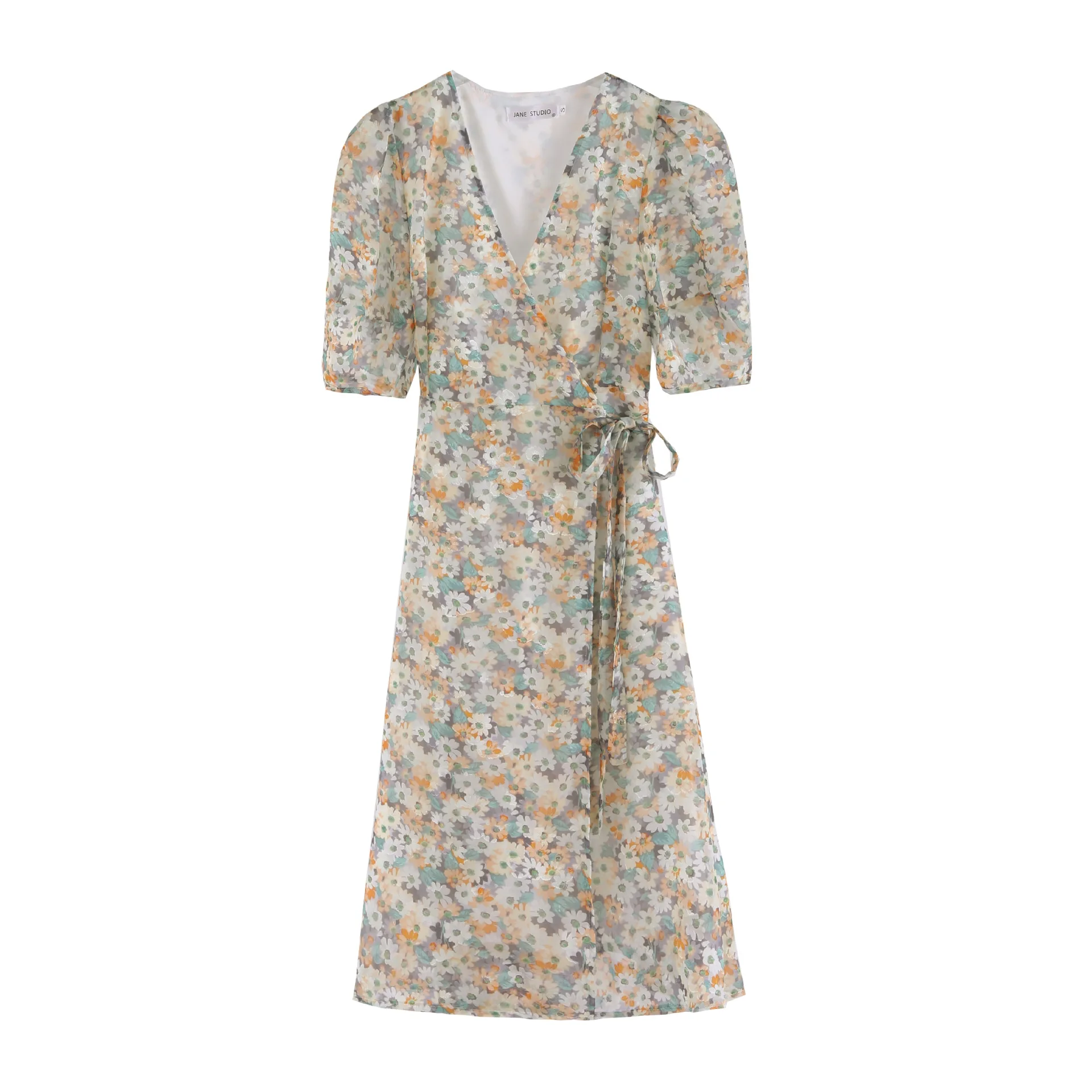 

Womens Dresses Summer New Floral Printing V-Neck Lantern Sleeve Sweet Girls Elegant Bow Lacing Slim Chiffon Long Kimono Dress