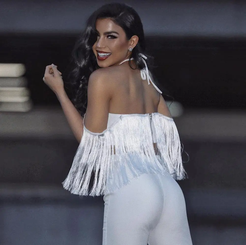 

High Quality 2019 New white off shoulder long sleeve jumpsuits Celebrity evening party Rompers Bandage bodycon jumpsuits