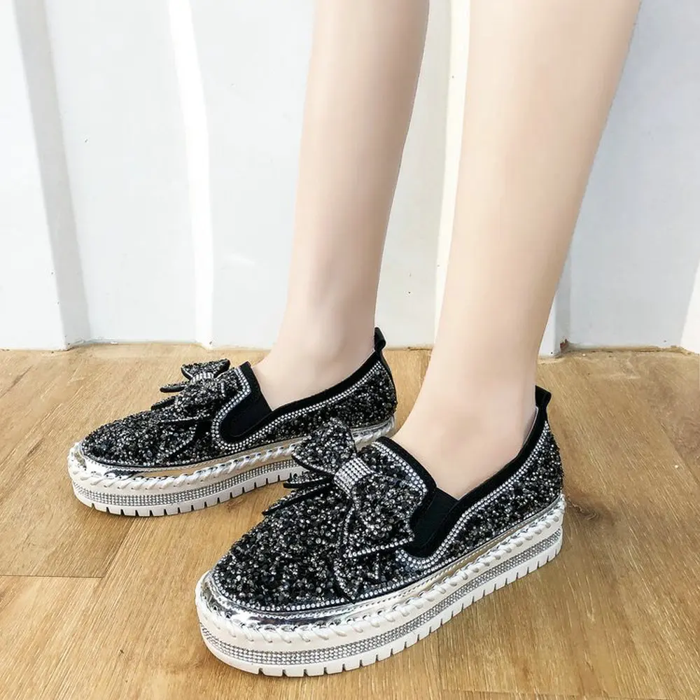 

New brand Women's Platform Sequin Shoes slip on Butterfly-knot bling bling girl fashion Shallow casual shoes B62-94 HF