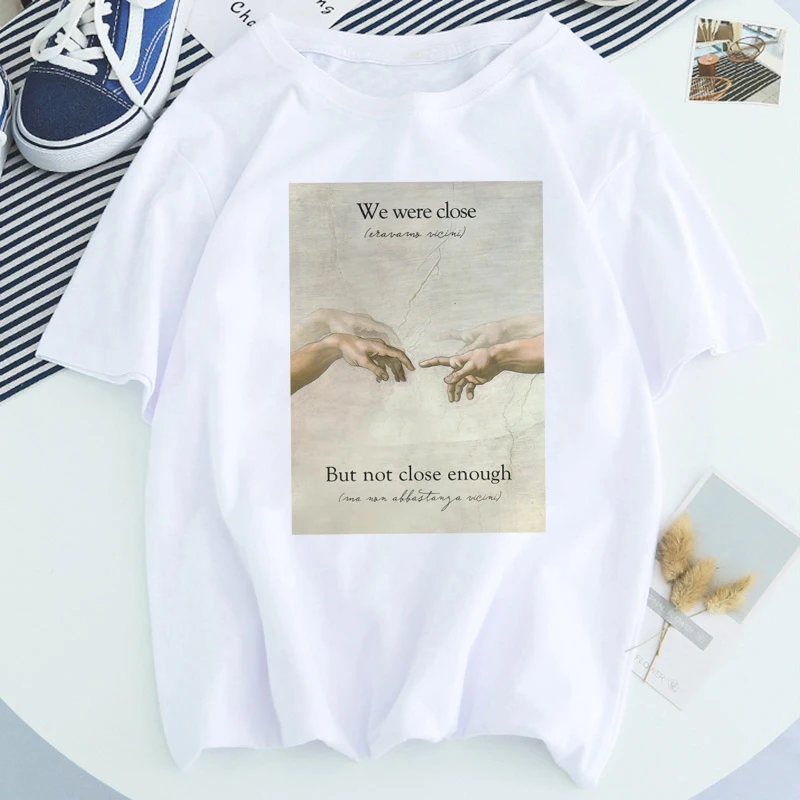 

MICHELANGELO Aesthetic Shake Hands Harajuku Spoof Personality Print Streetwear T-shirt Ulzzang HipHop Casual T Shirt Women Tops