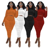 2021 autumn casaul women skirt set solid color full sleeve shirt and long dress pleated tracksuit clothes for women outfit