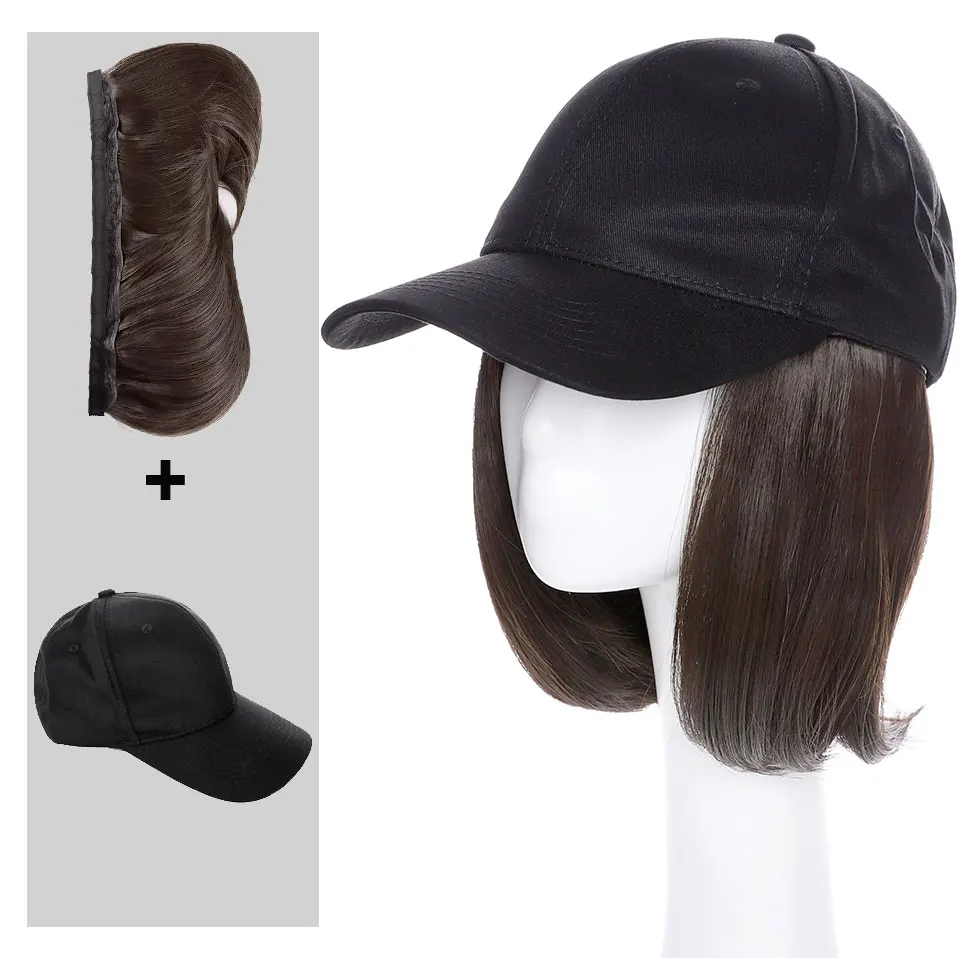 

Snoilite detachable bob hair with baseball cap synthetic hat with hair wig Black Brown Straight hair Short Wigs for Women