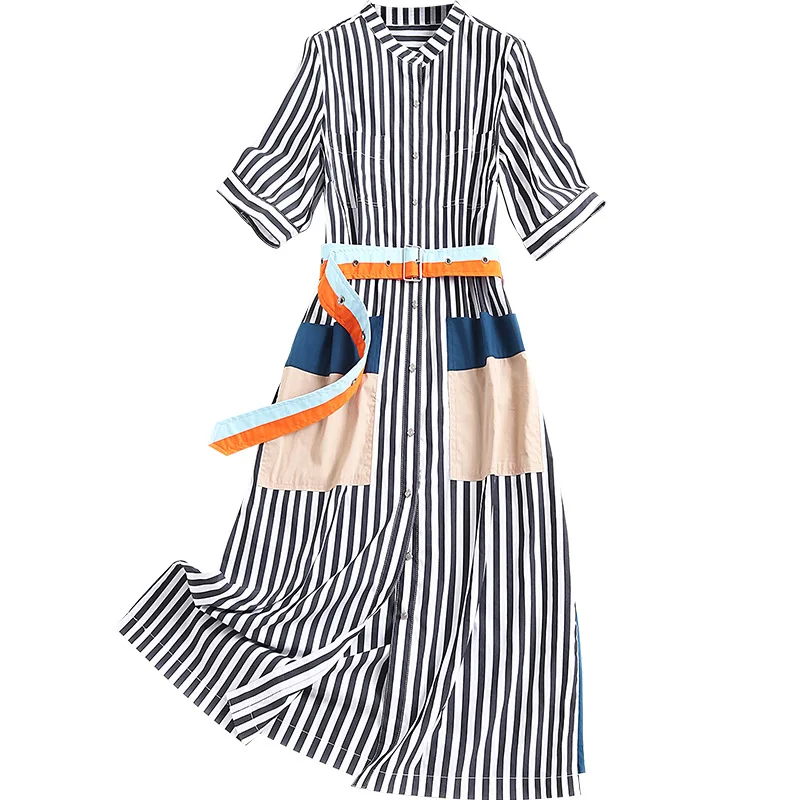 

SHUCHAN 97% Cotton Summer Dress Original Design Straight Sashes Mid-Calf O-Neck Striped Dresses for Women fashion