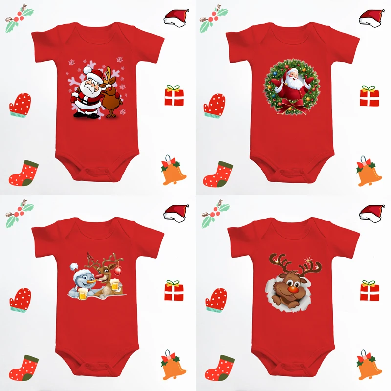 

Baby Christmas Romper Red Short Sleeved Jumpsuit Newborn Boy Girl Bodysuit Round Neck Cartoon Baby Clothes 1923