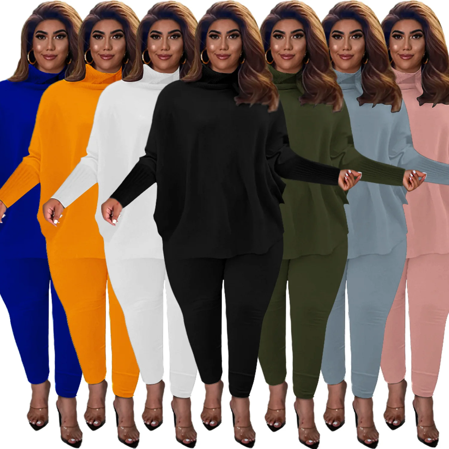 

Fall Clothes 2021 Soild Color Cooton 2 Pieces Sets Fashion Casual Batwing Sleeve Split Top and Trousers Rib Sunken Stripe Suit