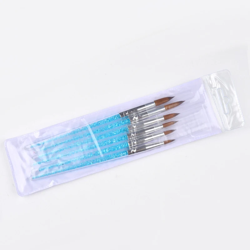 

6Pcs/set Nylon Hair Nail Brush Blue Rhinestone Handle Kolinsky Acrylic Brush Pen Nail Gel Builder Carving Dotting Drawing Tools