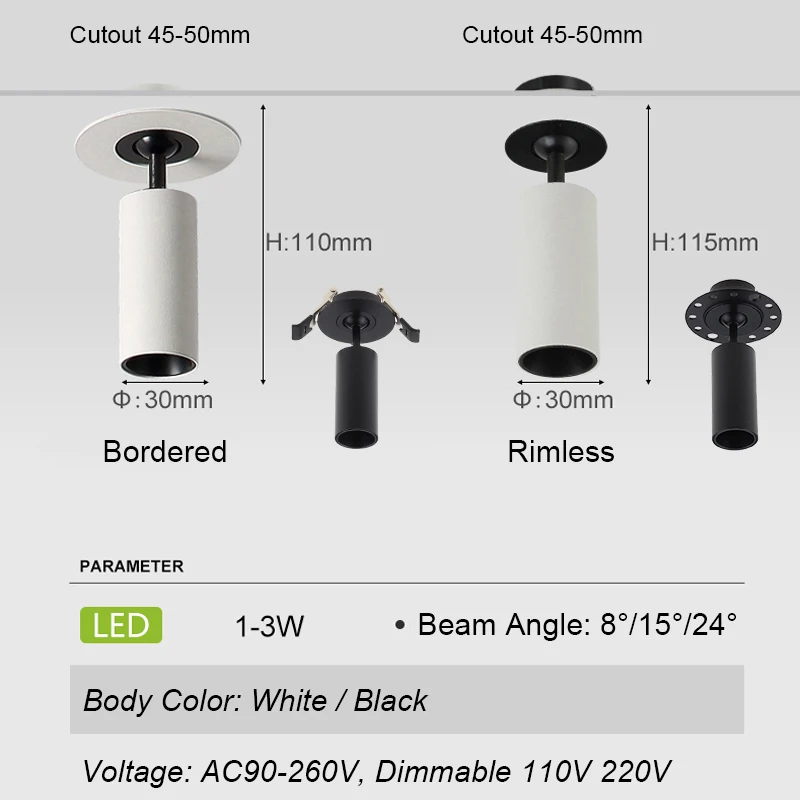 Black White Commercial Embedded LED Downlight 3W Mini Spotlight Living Room Borderless Anti-glare Led Ceiling Light Lamp | Лампы и