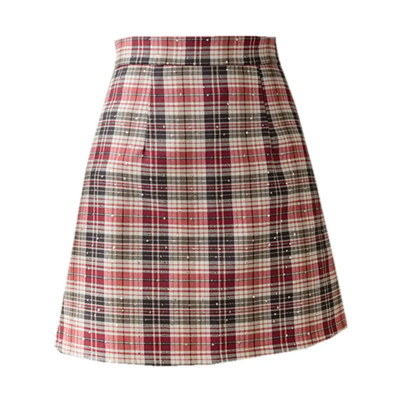 

Ins Chic European Preppy Style Women Sequins Plaid Skirt Japanese School Girls A-Line Thin Slim JK Bottom