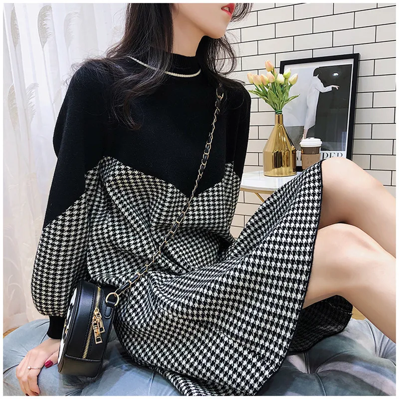 

Women's Knit Sweater Autumn Winter Korean Fashion Sweater Dress Long Sleeve Loose Soft Pullover Sweater Dresses Vestidos A539