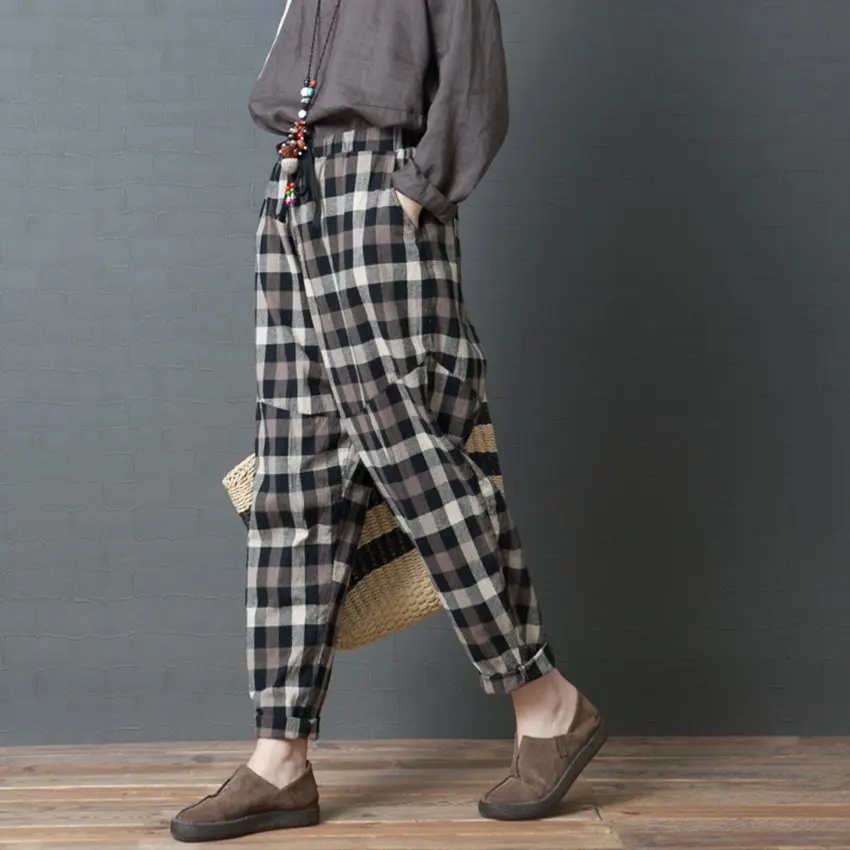 

2019 осенние штаны-шаровары винтажная эластичная талия Свободные клетчатые женские брюки 2 цвета оверсайз женские брюки с широкими штанинами