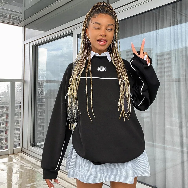 Черная Толстовка в стиле преппи женские толстовки полоску с буквенным принтом