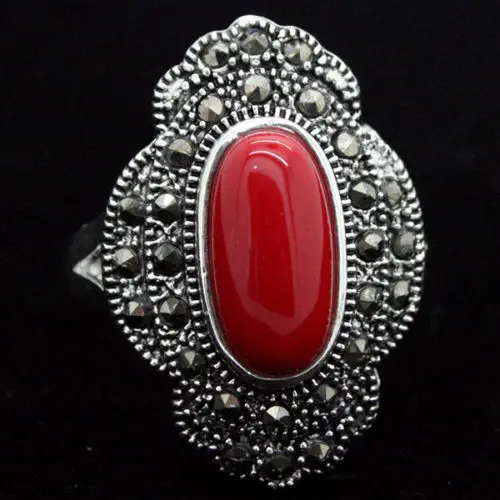 

24*16mm Vintage 925 Silver Oval Red Coral Marcasite Ring Size 7/8/9/10