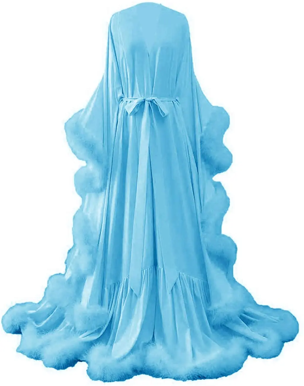 Women's Feather Bridal Robe Wedding Scarf Long Lingerie Robe Nightgown Bathrobe Sleepwear with Belt