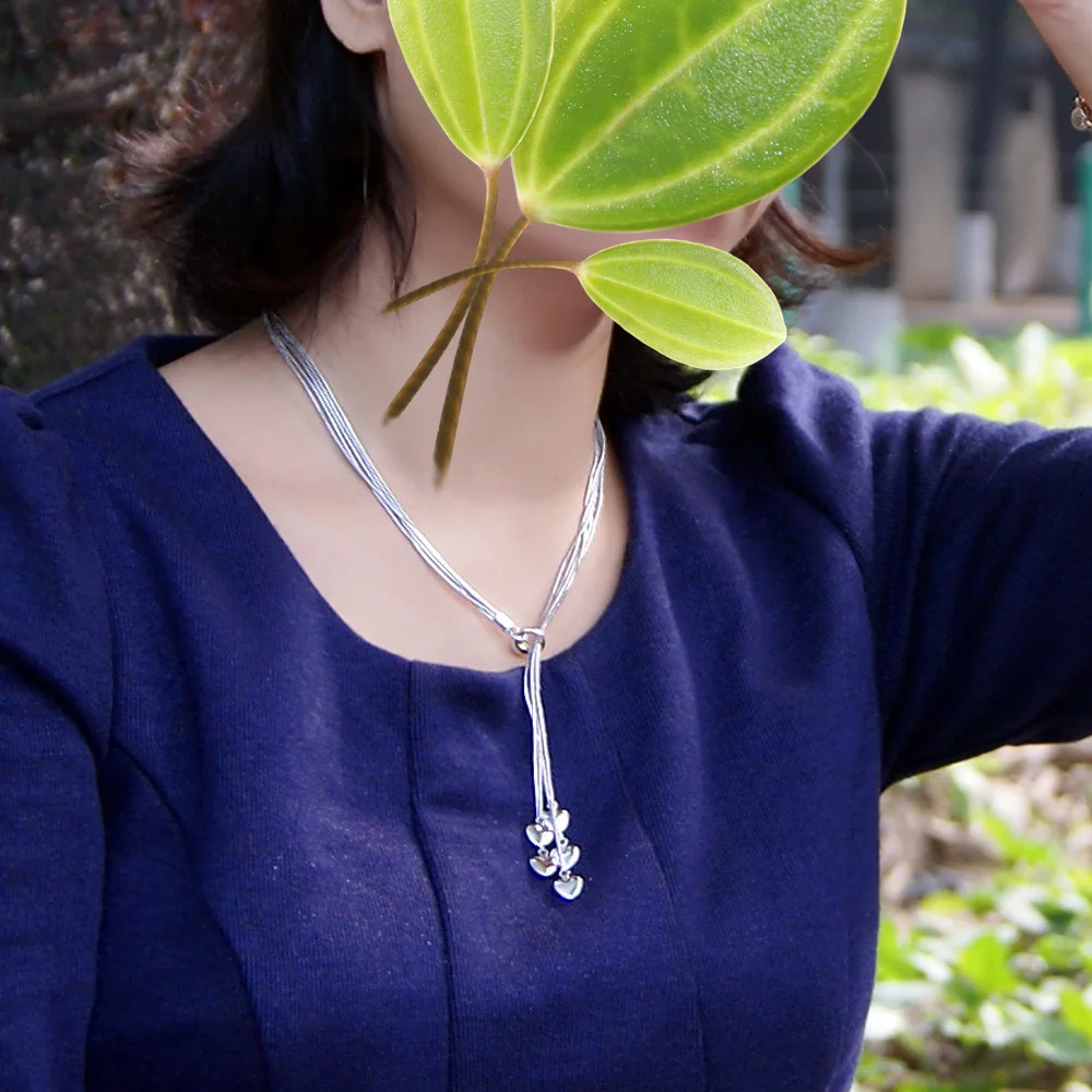Мода 925 Серебряное ожерелье для женщин с кисточками сердце подвеска цепочка