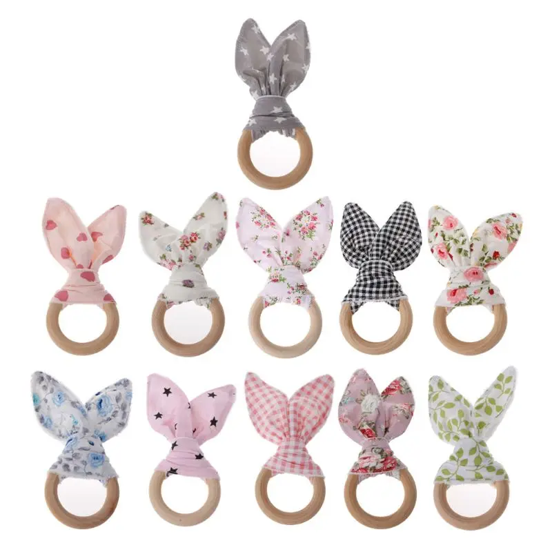 

New 1PCS Christmas Baby Bunny Ear Teething Ring Safety Wooden Teether For Children Kids Baby Care Accessory Shower Gifts