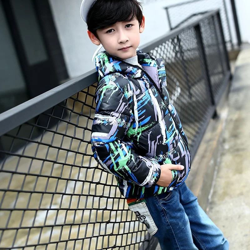 Осенне зимняя детская Толстая куртка с капюшоном и принтом для мальчиков девочек