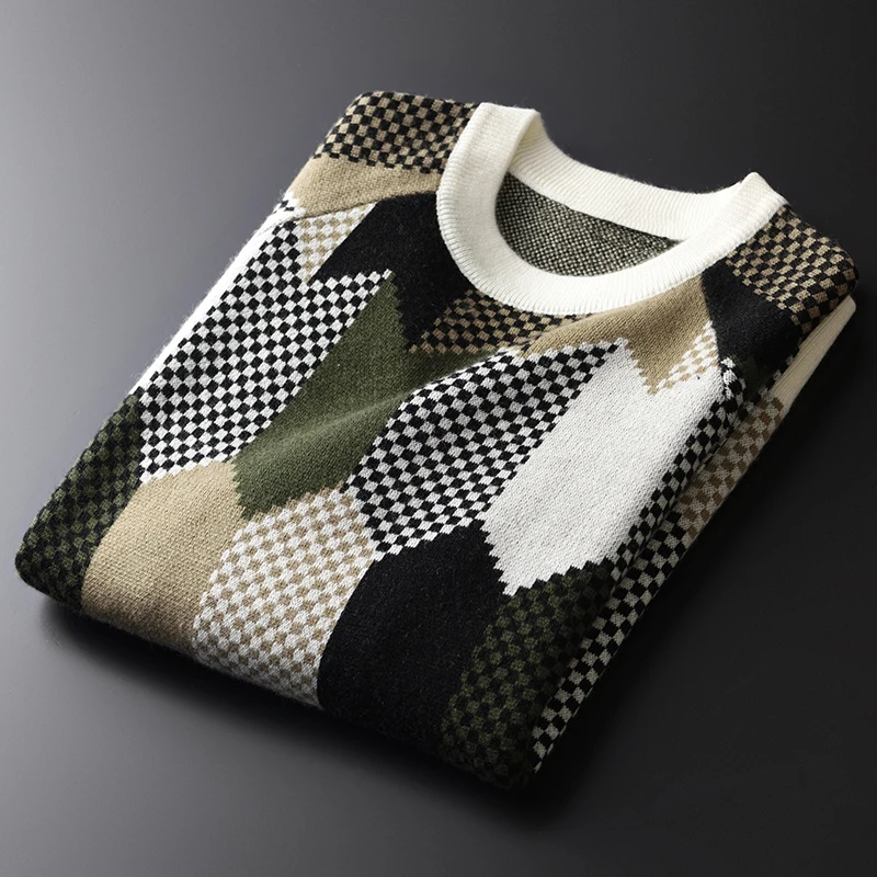 

Contrast Color Minlgu Wool Male Luxury Geometric Round Collar Slim Fit Mens Sweaters Plus Size 4xl Pullover Men Sweater
