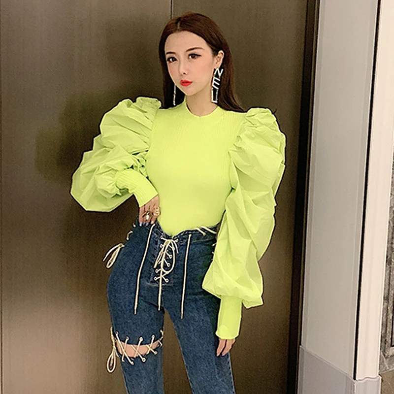 Женская трикотажная рубашка зеленая/черная/белая с рукавами-фонариками