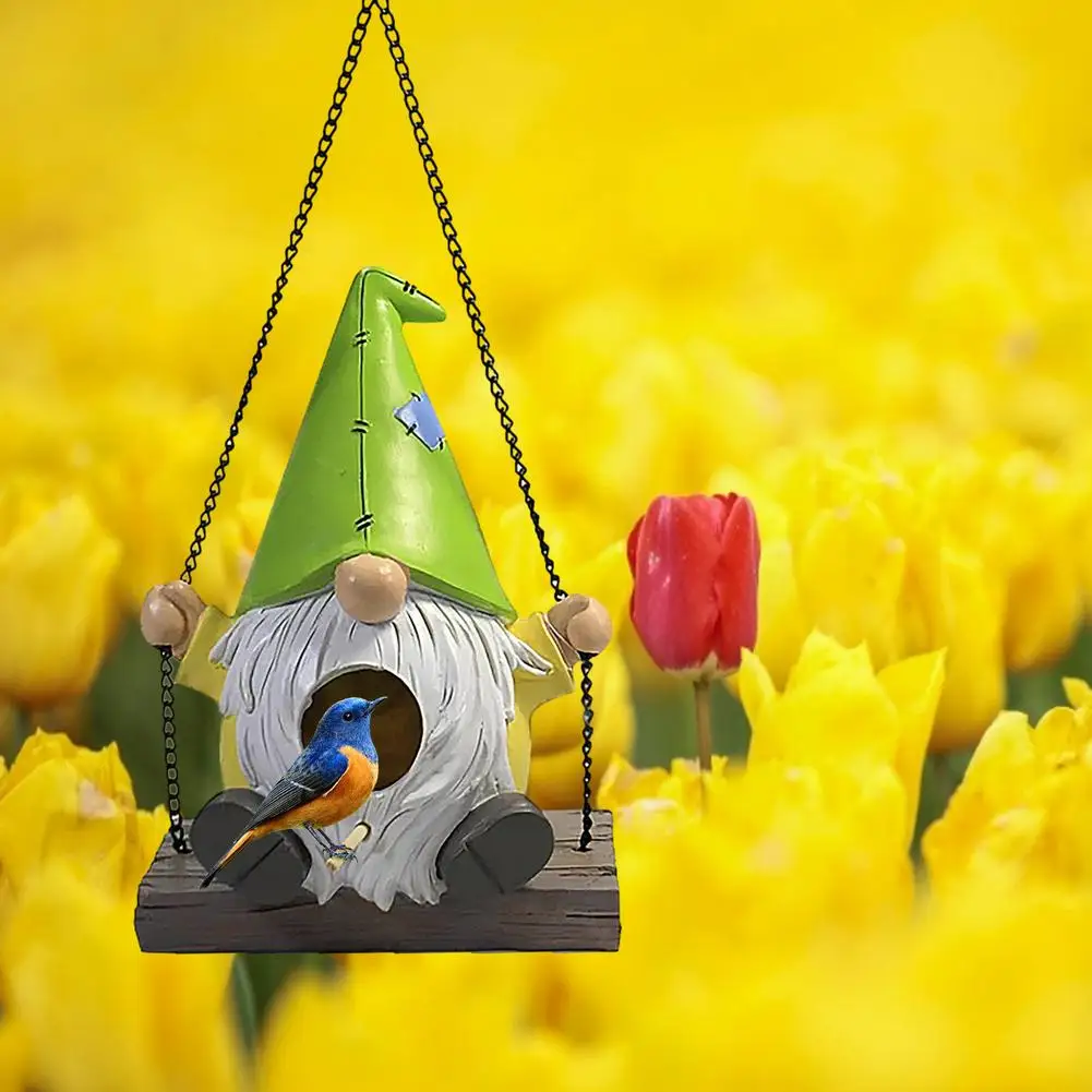 

Resin Swing Goblin Dwarf Bird House With Hanging Rope Outdoor Garden Decoration Birds Nest Bird Cage Hanging Parrot Nest Houses