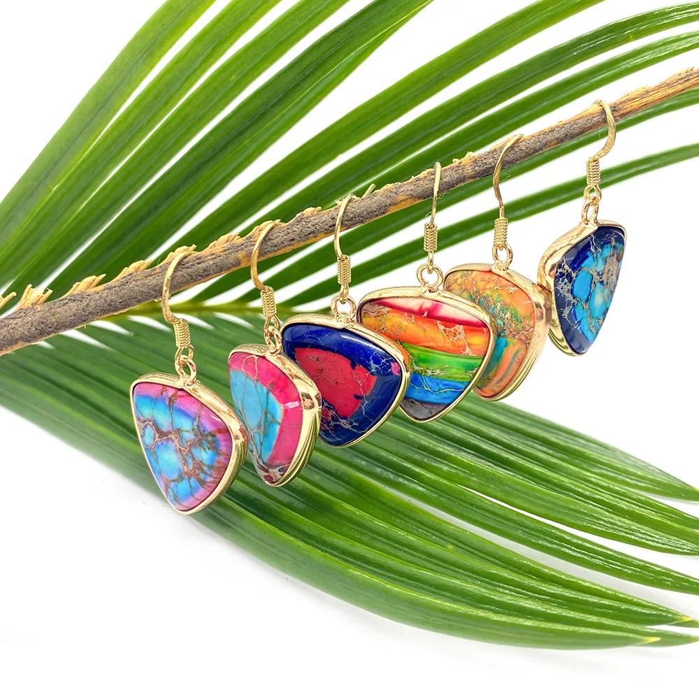 

Natural Stone Turquoise Earrings Colorful Triangle Metal Edging Rainbow Color Fashion Women's Jewelry Decoration Accessories