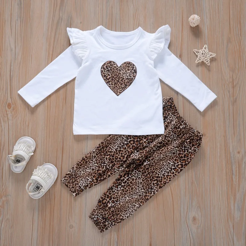 

2020 Spring and Autumn Baby Girl Clothes Long Sleeve Heart Baby Girl tshirt+Leopard Pant Toddler Girl Outfits Frills Outfits