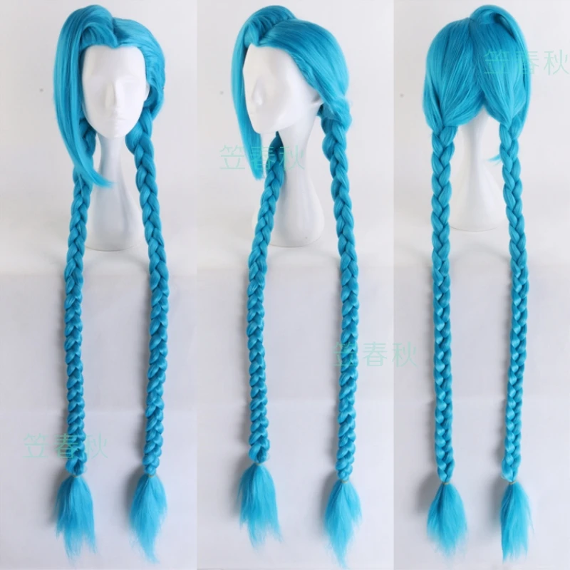 

120cm LOL Jinx Cosplay Wig Blue Long Braided The Loose Cannon Wig Jinx Heat Resistant Synthetic Hair Wigs + Wig Cap