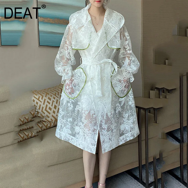 

{DEAT} Women White Embroidery Pockets New Hooded Long Lantern Sleeve Slim Fit Windbreaker Fashion Tide Fit 2021 7E1215