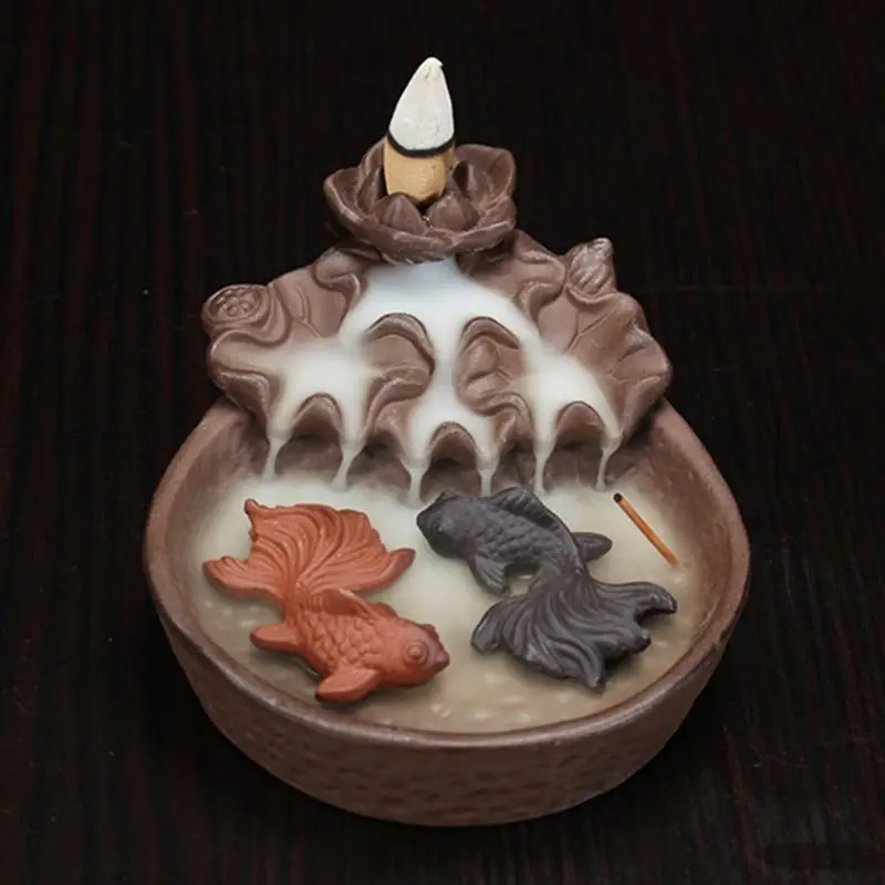 

Two Fishes Ceramic Purple Clay Smoke Backflow Incense Cone Sticks Burner Holder